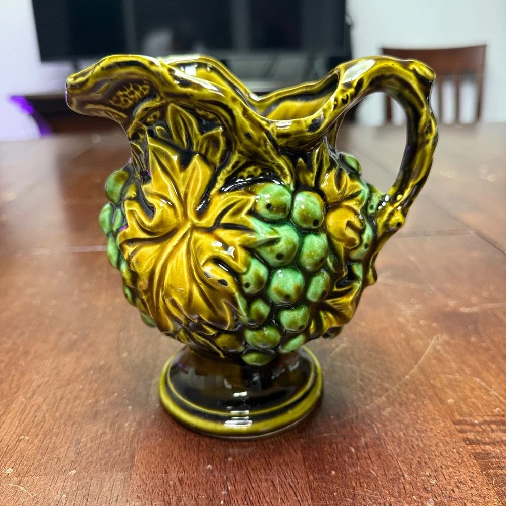 Vintage Japan Ceramic Grape Pitcher Small Green Gold Majolica Style 5.5in